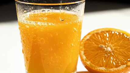 A glass of orange juice with a sliced orange next to it - Powered by Adobe