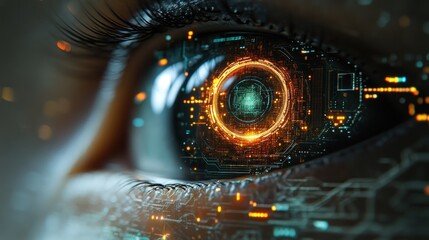 Close-up eye with glowing digital interface