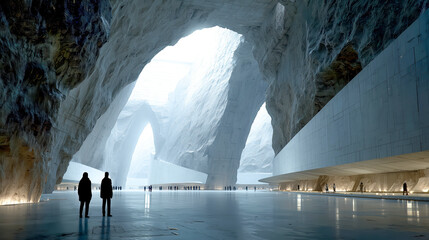 Futuristic airport asteroid cavern sci fi architecture vast interior luminous light grand arch polished floor terminal hall space travel human silhouette. Futuristic airport inside asteroid cavern