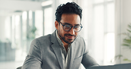 Happy, businessman and glasses for laptop, office or financial analysis on website, info and reading. Investment banker, person and planning for pitch with technology, review and checking budget