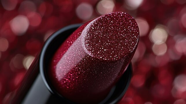 Close-up of a burgundy lipstick, glittery tip