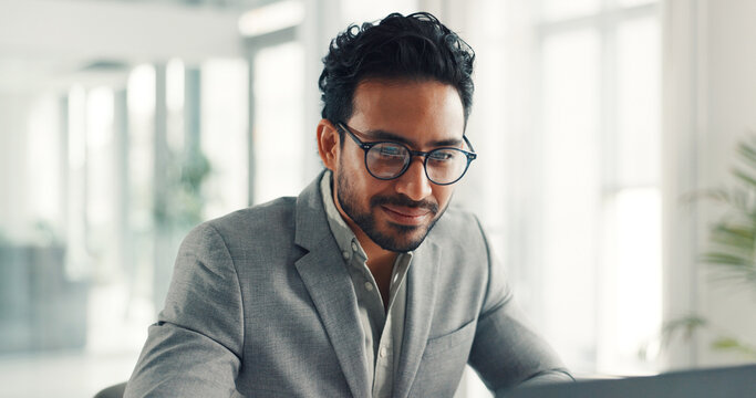 Happy, businessman and glasses for laptop, office or financial analysis on website, info and reading. Investment banker, person and planning for pitch with technology, review and checking budget