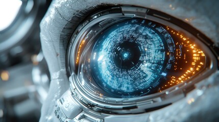 Close-up of a futuristic, white robot eye with glowing HUD