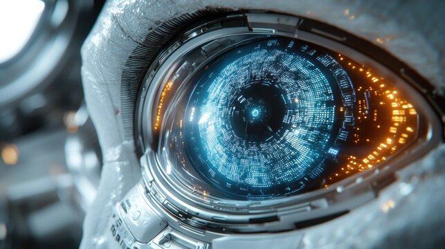 Close-up of a futuristic, white robot eye with glowing HUD - Powered by Adobe