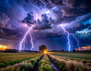 Dramatic thunderstorm with multiple lightning strikes over fields at sunset