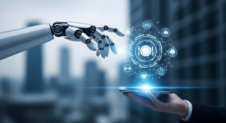 Robot hand and human hand interacting with a futuristic digital interface showing security and data connections