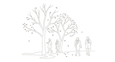 Elegant outline drawing of a quiet autumn day with people strolling among bare trees and falling leaves in a park