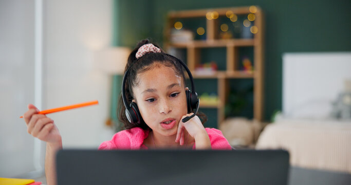 Headset, elearning and kid with computer in home for study, homeschool or virtual lesson. Tech, remote education or girl talk on video call for course, online class or student in bedroom with bokeh