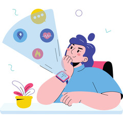 Illustration of a person wearing a smartwatch and looking at a futuristic interface displaying icons for communication health fire and location on a transparent background