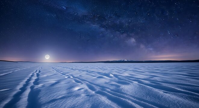 Majestic Winter Landscape Full Moon and Milky Way Over Frozen Plains