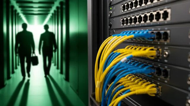 Two businessmen walk down a server room hallway with network cables in foreground - Powered by Adobe