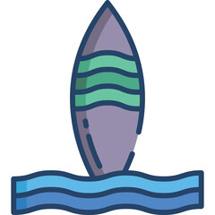 Illustration Of A Purple Surfboard With Green Stripes Floating On Blue Waves Against A Transparent Background Detailed Icon Graphic
