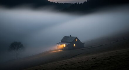 Cozy Cabin in Foggy Mountains at Dusk Warm Lights Inviting Travelers