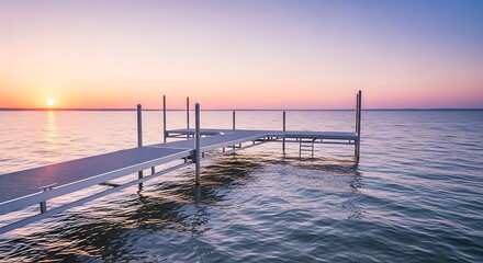 Tranquil Sunrise Over Calm Lake with Empty Wooden Dock Serene Water Landscape Photography