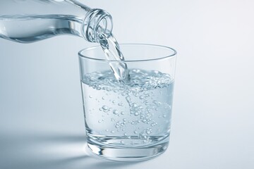 Clear water being poured into a transparent glass with visible bubbles, clean hydration concept on light background. Ai generative. Ai generative