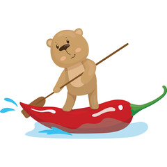 Cartoon Brown Bear Paddling a Red Chili Pepper Boat on Blue Water with Splashes Transparent Background