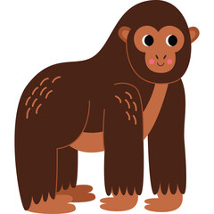 Cartoon gorilla standing upright with dark brown fur and light brown belly and face on a transparent background