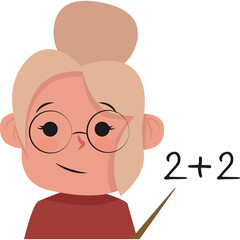 Cartoon Elderly Woman With Bun Hairstyle And Glasses Smiling Holding A Pointer Stick With Math Equation Two Plus Two On Transparent Background