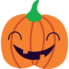 A cheerful orange pumpkin with a green stem and carved face with a wide smile and closed eyes against a transparent background ideal for holiday decorations