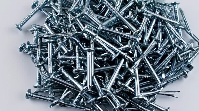 A close-up of a pile of shiny metal nails with round heads scattered on a white surface
