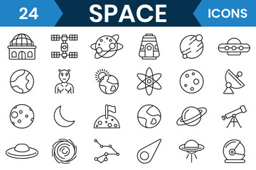 Space and planet icon. Astronomy line icon set. Outline icons of satellite, universe, astronaut, rocket,  astronomy, comet, telescope, moon, Saturn, galaxy, planet and more. Vector illustration.
