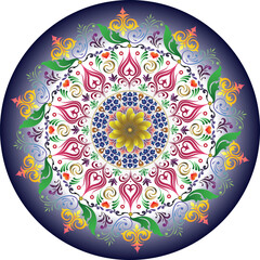 Beautiful decorative mandala design with bright colors, floral shapes, and elegant symmetry. Perfect for textile prints, wall decor, invitations, meditation art, and background projects. Vector.