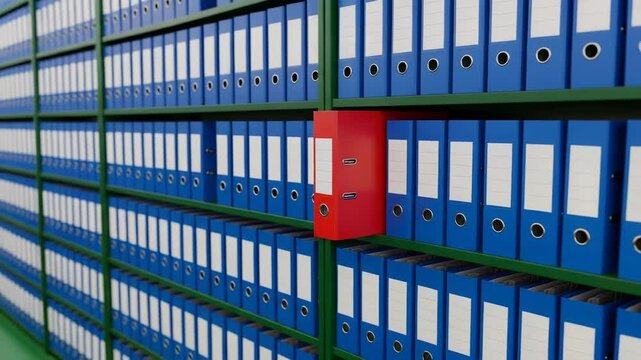 A single red binder stands out on a shelf of blue binders