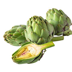 Obraz premium Fresh, raw green artichoke vegetable on a white background with healthy organic leaves