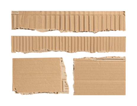 A sheet of ripped brown cardboard pieces, corrugated texture, various sizes, isolated on transparent background, PNG