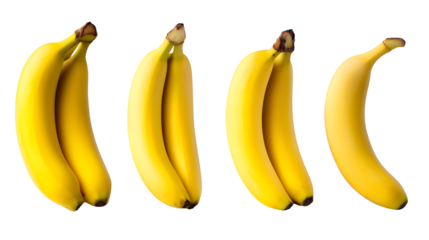 Studio shot of four separate bunches or groups of ripe yellow bananas, isolated on a light gray or off-white background
