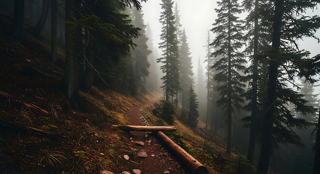 Misty Forest Trail with Old Log Obstacle in Dense Coniferous Woods