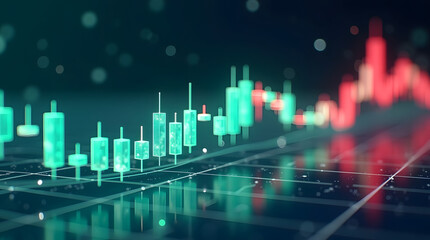 3D futuristic stock market candlestick chart with glowing green and red candles on a dark holographic interface, cinematic lighting and reflections. AI Generated.