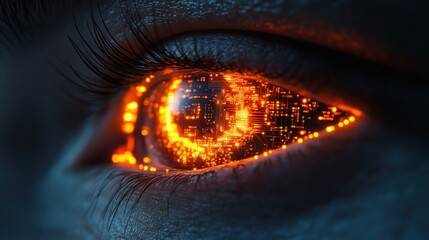 Close-up of glowing, fiery eye with digital data