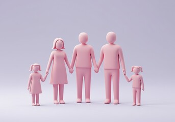 Loving family holding hands, parents and daughters, representing unity and support, symbolizing connection and familial bonds in a modern 3D render
