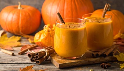 Pumpkin Spice Smoothies with Cinnamon Sticks and Autumn Decor.