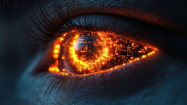 Close-up of glowing, fiery eye with digital data