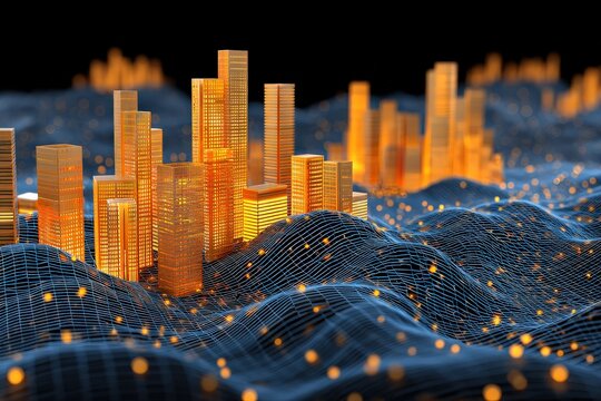 A futuristic city skyline with glowing buildings, surrounded by digital waves and lights, creating a vibrant, high-tech atmosphere.