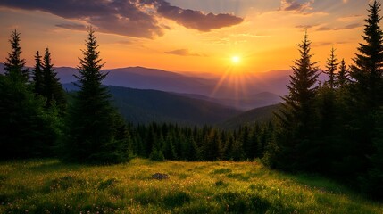 Topping mountain pine tree forest at sunset on the background
