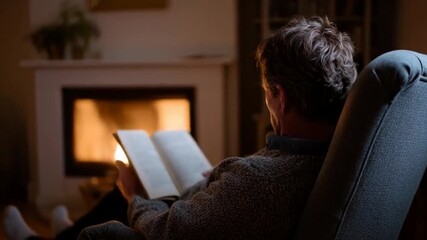 Man reading by a cozy fireplace, enjoying a peaceful evening, relaxed atmosphere with warm lighting, autumn retreat, mental wellness and tranquility