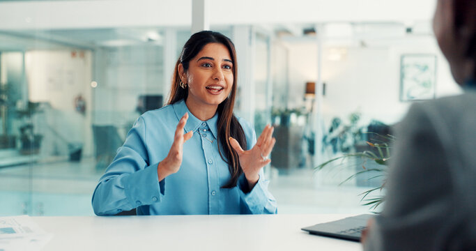 Interview, business woman and discussion in office for hiring process, salary negotiation and questions. Happy, candidate and HR manager with FAQ for performance review, job opportunity or onboarding - Powered by Adobe