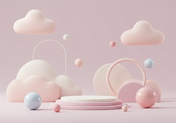 Dreamy pastel podium scene perfect for showcasing baby products or soft, gentle brands with floating clouds and spheres creates a calming, whimsical feel