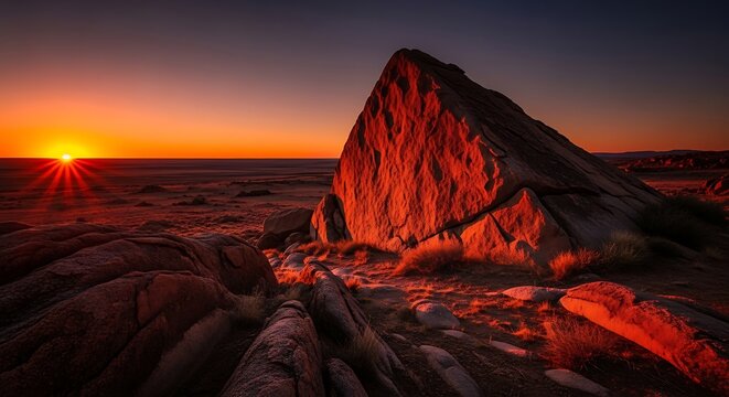 Dramatic Sunrise Over Desert Landscape with Illuminated Rock Formation