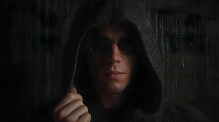 Mysterious hooded figure with sunglasses in a dark digital environment