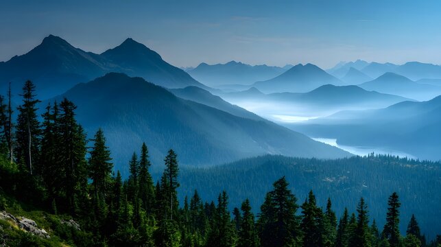 Faszinierende Berglandschaft mit Nebel und sanften blauen Farbt&ouml;nen in der Morgend&auml;mmerung
