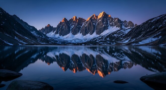 Dramatic Sunrise Over Jagged Snowy Mountain Range Reflected in Tranquil Alpine Lake