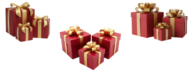 Set of stacked red gift box pyramids with gold bows