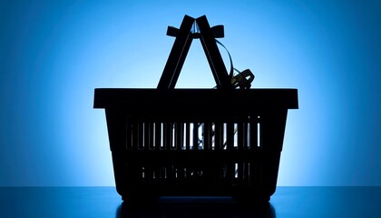 Silhouette of a shopping basket against a blue background.