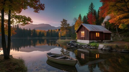 Autumn sunset over river and lake with boats and trees