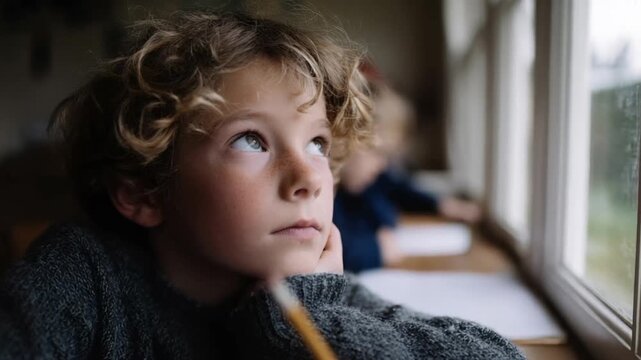 Pensive young boy gazes out a window, thoughtful child in a cozy room, introspective moment during a quiet afternoon