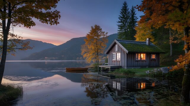 House on the lake and river in autumn landscape